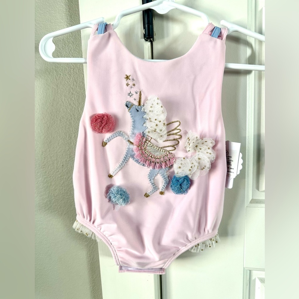 NEW Mud Pie baby girl Swimsuit pink Unicorn 3-6mo bow back
